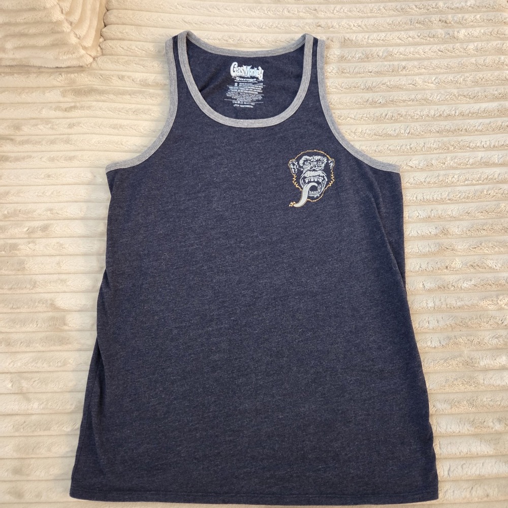 Gas Monkey Garage Men Tank Top Size S Navy Blue Heather Ringer Graphic Dallas TX